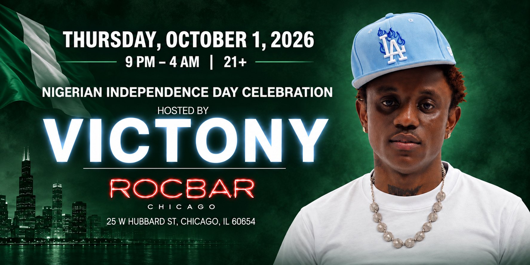ROCBar Chicago flyer — Nigerian Independence Day Celebration hosted by Victony, Thursday October 1st, 9PM to 4AM